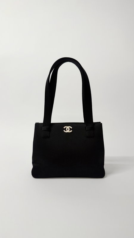 Vintage Chanel Evening Bag — Black Satin, Gold-Tone Crystal CC Hardware
