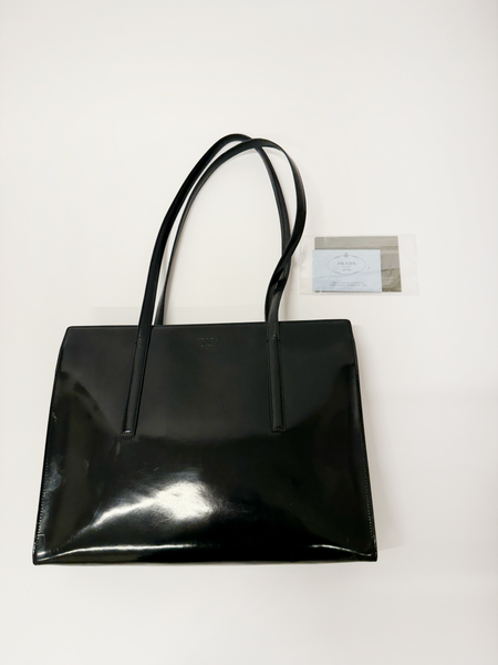 Prada Spazzolato Tote Bag — Black Enamel Leather, Large