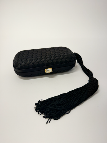 Bottega Veneta Intrecciatto Tassel Clutch — Black Woven Silk